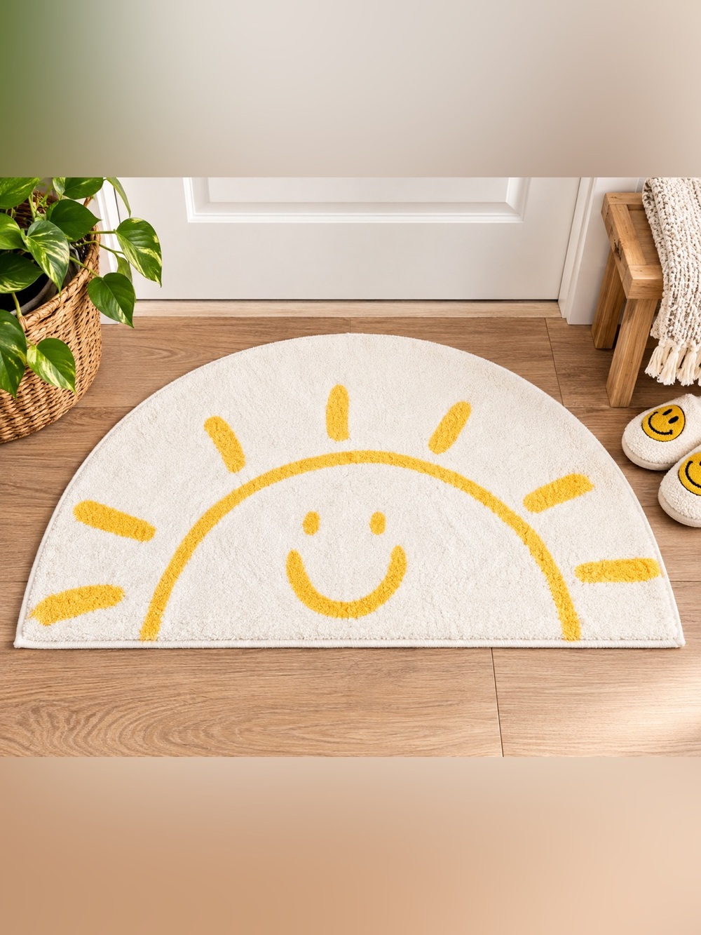 Cute Sun Half-Moon RUG. Cream & Yellow Smiley Face